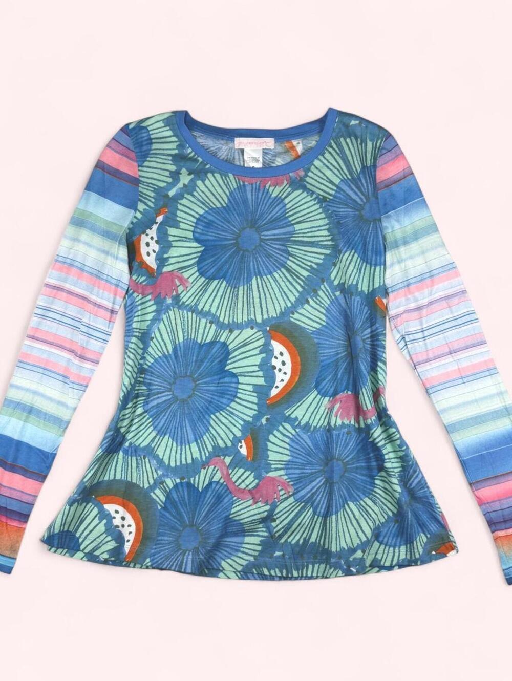 Deadstock Custo Barcelona Floral Flamingo Top with Striped Sleeves